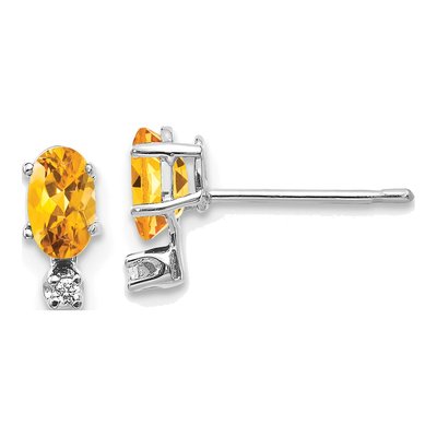 14K White Gold Oval Citrine & Diamond Birthstone Stud Earrings