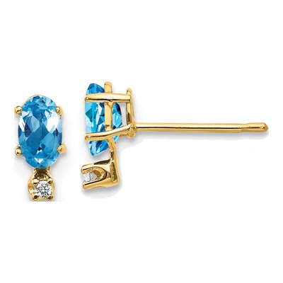 14K Yellow Gold Oval Swiss Blue Topaz & Diamond December Stud Earrings