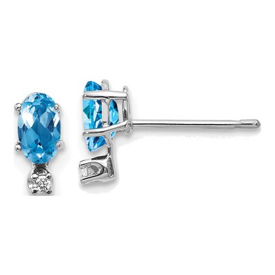 14K White Gold Oval Swiss Blue Topaz & Diamond Stud Earrings