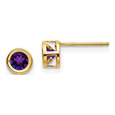 14K Yellow Gold 4mm Round Amethyst February Bezel Stud Earrings