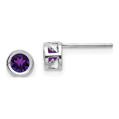 14K White Gold 4mm Round Amethyst Bezel Stud Earrings