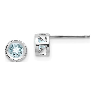 14K White Gold 4mm Round Aquamarine Bezel Stud Earrings