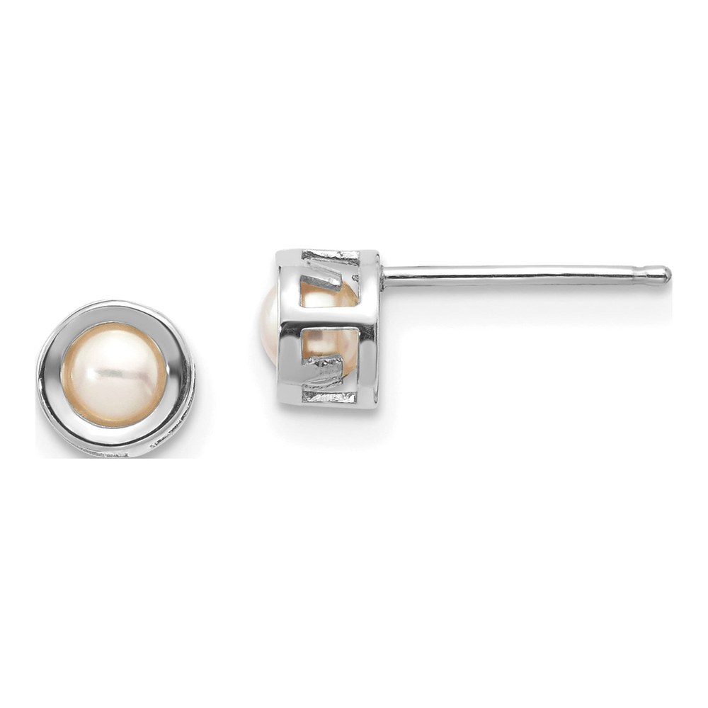 14K White Gold 3.5mm Near Round Freshwater Cultured Pearl Bezel Stud Earrings