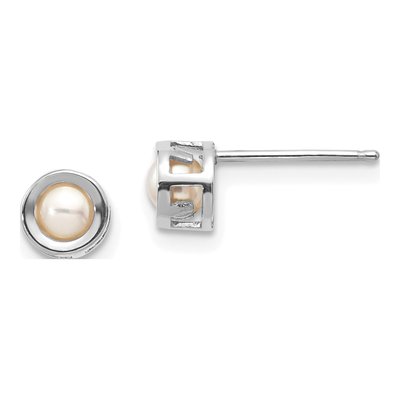 14K White Gold 3.5mm Near Round Freshwater Cultured Pearl Bezel Stud Earrings