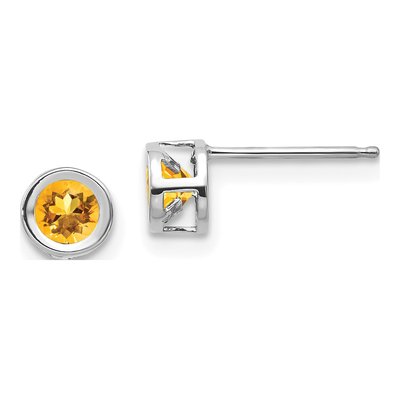 14K White Gold 4mm Round Citrine Bezel Stud Earrings