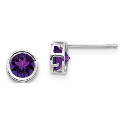 14K White Gold 5mm Round Amethyst Bezel Stud Earrings