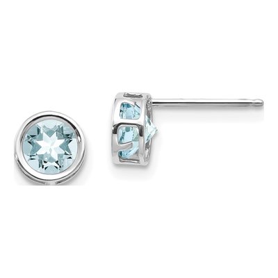 14K White Gold 5mm Round Aquamarine Bezel Stud Earrings