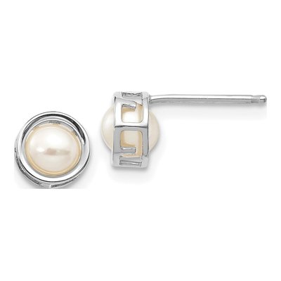 14K White Gold 4.5mm Near Round Freshwater Cultured Pearl Bezel Stud Earrings