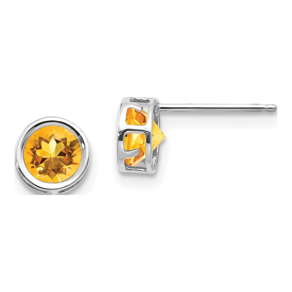 14K White Gold 5mm Round Citrine Bezel Stud Earrings