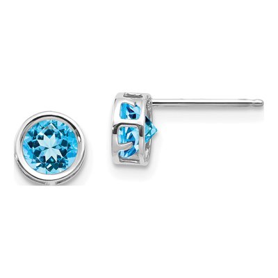 14K White Gold 5mm Round Swiss Blue Topaz Bezel Stud Earrings