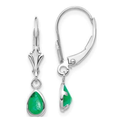 14K White Gold Emerald Pear Leverback Earrings
