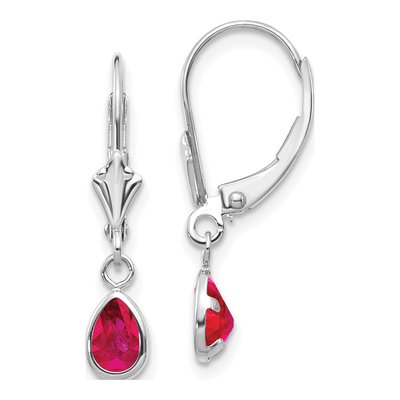 14K White Gold Ruby Pear Leverback Earrings