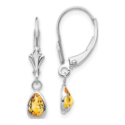 14K White Gold Citrine Pear Leverback Earrings
