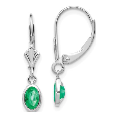 14K White Gold Emerald Leverback Earrings
