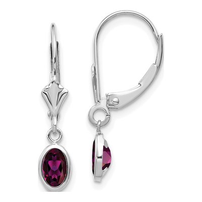 14K White Gold Rhodolite Garnet Oval Bezel June Leverback Earrings