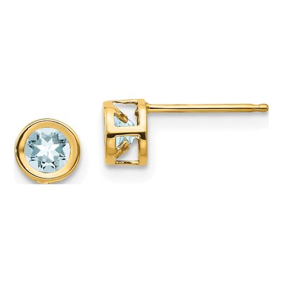 14K Yellow Gold 4mm Round Aquamarine Bezel Stud Earrings