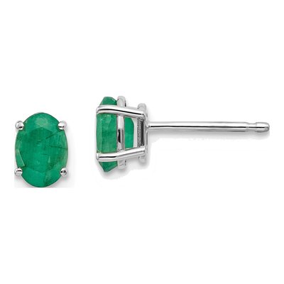 14K White Gold Oval Emerald May Birthstone Stud Earrings