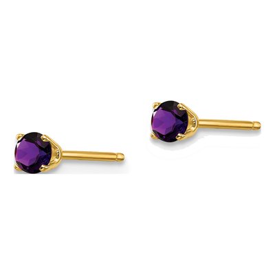 14K Yellow Gold 3mm Round Amethyst February Birthstone Stud Earrings – view 4