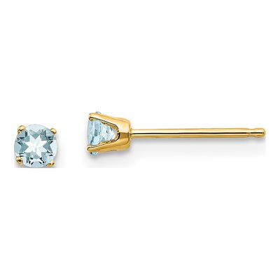 14K Yellow Gold 3mm Round Aquamarine Stud Earrings