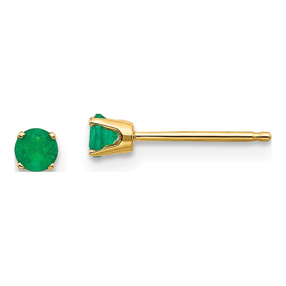 14K Yellow Gold 3mm Round Emerald May Birthstone Stud Earrings