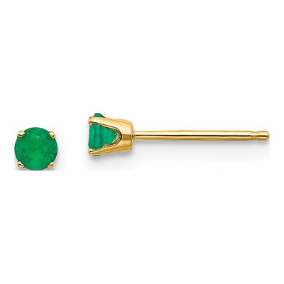 14K Yellow Gold 3mm Round Emerald May Birthstone Stud Earrings
