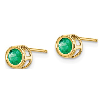 14K Yellow Gold 4mm Round Emerald Bezel Stud Earrings – view 2