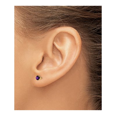 14K Yellow Gold 4mm Round Amethyst Birthstone Stud Earrings – view 4
