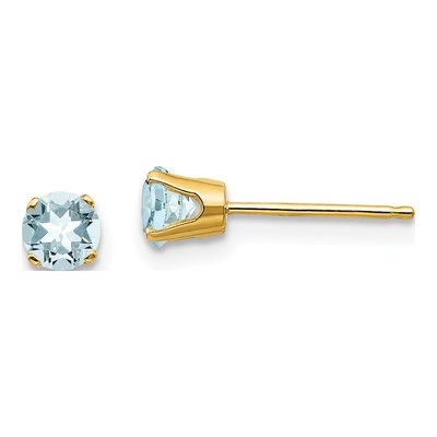14K Yellow Gold 4mm Round Aquamarine Stud Earrings