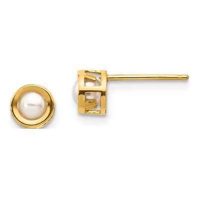 14K Yellow Gold 3.5mm Near Round Freshwater Cultured Pearl June Bezel Stud Earrings