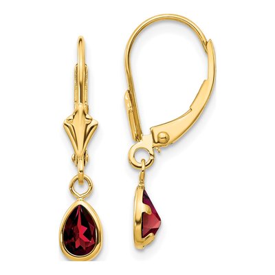 14K Yellow Gold Garnet Pear Leverback Earrings