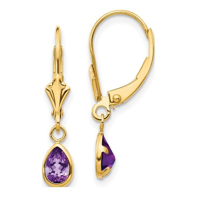 14K Yellow Gold Amethyst Pear Leverback Earrings