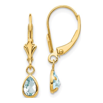 14K Yellow Gold Aquamarine Pear Bezel Leverback Earrings