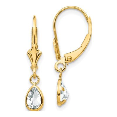 14K Yellow Gold White Topaz Pear Leverback Earrings