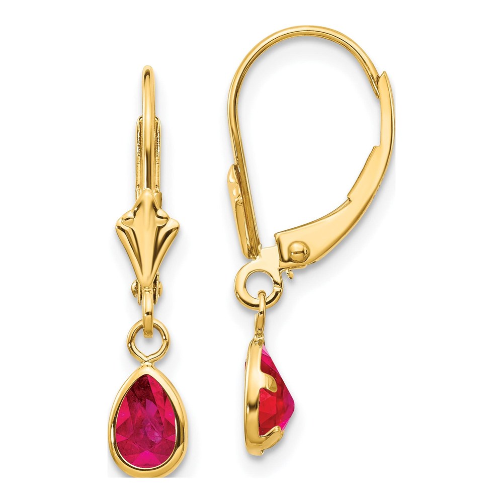 14K Yellow Gold Ruby Pear Leverback Earrings