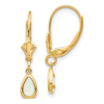 14K Yellow Gold Opal October Pear Leverback Earrings