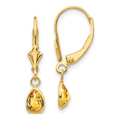 14K Yellow Gold Citrine Pear Leverback Earrings