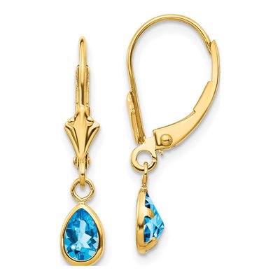 14K Yellow Gold Swiss Blue Topaz Pear Leverback Earrings
