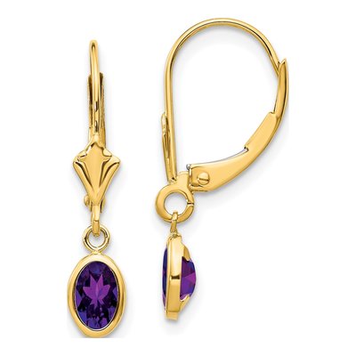 14K Yellow Gold Amethyst Oval Leverback Earrings