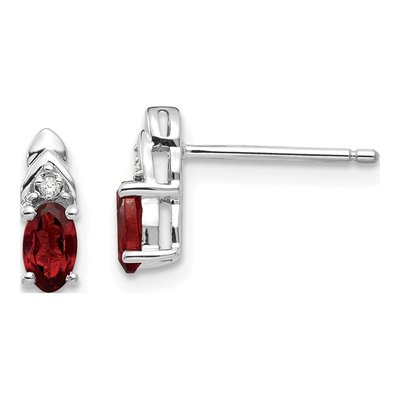 14K White Gold Garnet & Diamond Oval Stud Earrings
