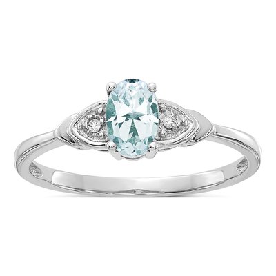 14K White Gold Aquamarine & Diamond Oval March Ring