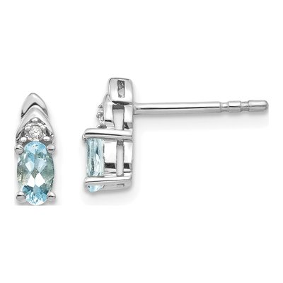 14K White Gold Oval Aquamarine & Diamond Stud Earrings