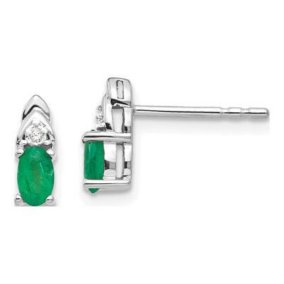 14K White Gold Oval Emerald & Diamond Stud Earrings