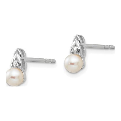 14K White Gold 1mm Round Pearl & Diamond Stud Earrings – view 2