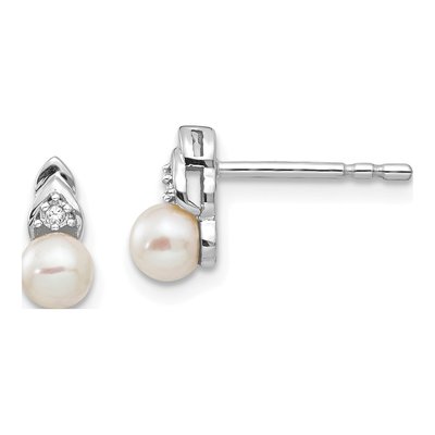 14K White Gold 1mm Round Pearl & Diamond Stud Earrings