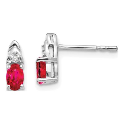 14K White Gold Ruby & Diamond Oval Stud Earrings
