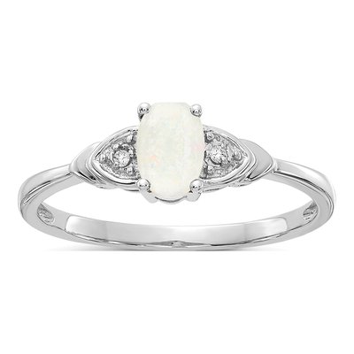 14K White Gold Opal & Diamond Oval October Ring