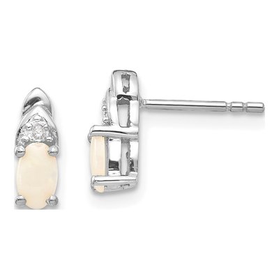 14K White Gold Opal & Diamond Oval October Stud Earrings