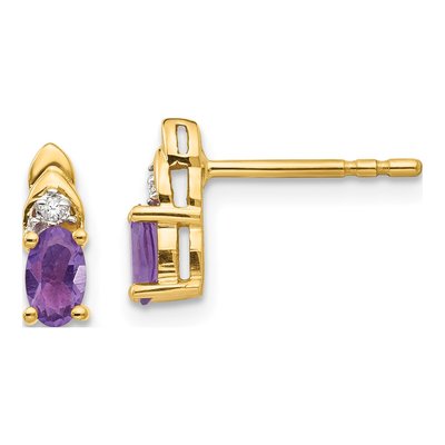 14K Yellow Gold Amethyst & Diamond Oval Stud Earrings