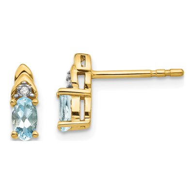14K Yellow Gold Oval Aquamarine & Diamond Stud Earrings