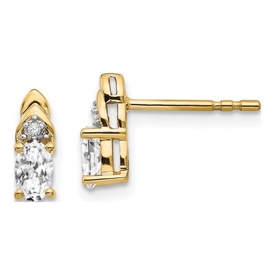 14K Yellow Gold White Topaz & Diamond Oval April Stud Earrings